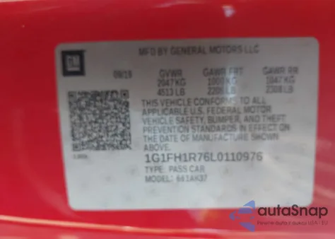 2020 Chevrolet Camaro Ss z USA, uszkodzony, nr VIN 1G1FH1R76L0110976